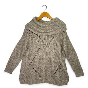 Dreamers Women's Open Knit Cowl Neck Sweater Size S Taupe Gray Pointelle Knit